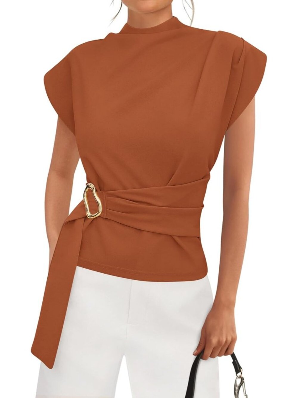 Women's Burnt Orange Sleeve Mock Neck Buckle Belted Tunic Top Blouse T-Shirt